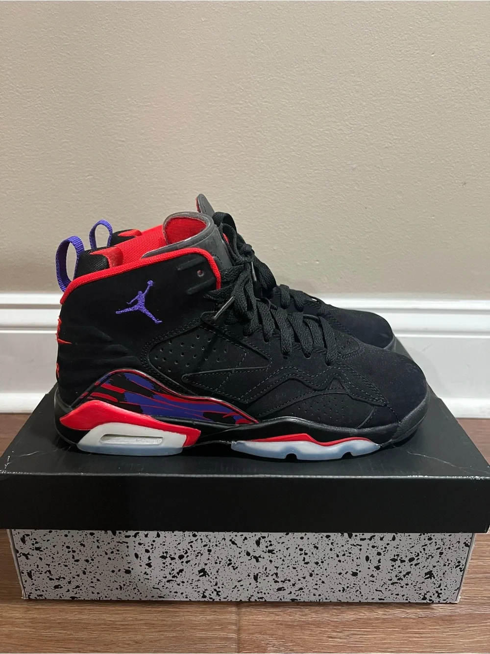 Kids Jordan Sneakers Black with Red and Purple Accents